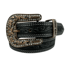 Cinto Feminino Pyramid Country Preto 2 Costuras Entalhado Ramo e Fivela Com Strass - Ref: PY-662
