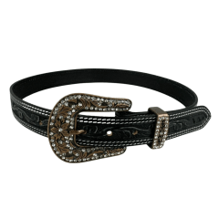 Cinto Feminino Pyramid Country Preto 2 Costuras Entalhado Ramo e Fivela Com Strass - Ref: PY-662