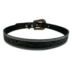 Cinto Feminino Pyramid Country Preto 2 Costuras Entalhado Ramo e Fivela Com Strass - Ref: PY-662
