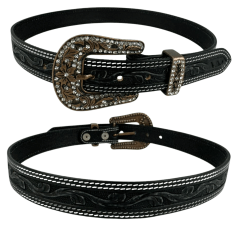 Cinto Feminino Pyramid Country Preto 2 Costuras Entalhado Ramo e Fivela Com Strass - Ref: PY-662