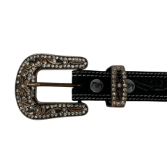 Cinto Feminino Pyramid Country Preto 2 Costuras Entalhado Ramo e Fivela Com Strass - Ref: PY-662