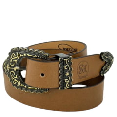 Cinto Feminino Shaline Paris Ouro Velho Couro Napa Burned Caramelo Congnac Liso Ref. 3008-3004