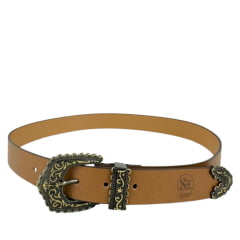 Cinto Feminino Shaline Paris Ouro Velho Couro Napa Burned Caramelo Congnac Liso Ref. 3008-3004