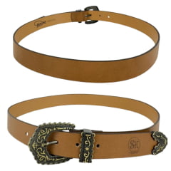 Cinto Feminino Shaline Paris Ouro Velho Couro Napa Burned Caramelo Congnac Liso Ref. 3008-3004