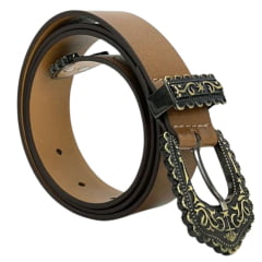 Cinto Feminino Shaline Paris Ouro Velho Couro Napa Burned Caramelo Congnac Liso Ref. 3008-3004