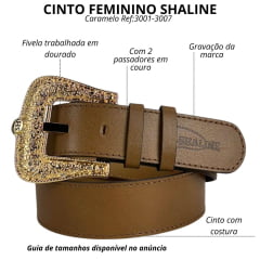 Cinto Feminino Shaline Viena Couro Napa Bured Cognac Caramelo Fivela Dourada Ref. 3001-3007