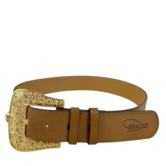 Cinto Feminino Shaline Viena Couro Napa Bured Cognac Caramelo Fivela Dourada Ref. 3001-3007