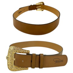 Cinto Feminino Shaline Viena Couro Napa Bured Cognac Caramelo Fivela Dourada Ref. 3001-3007