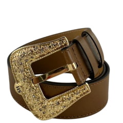 Cinto Feminino Shaline Viena Couro Napa Bured Cognac Caramelo Fivela Dourada Ref. 3001-3007