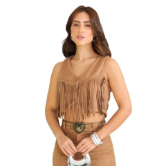 Colete Cropped Feminino Country City Caramelo Com Franjas Júlia Ref: CF 2094