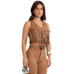 Colete Cropped Feminino Country City Caramelo Com Franjas Júlia Ref: CF 2094