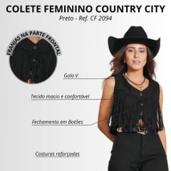 Colete Cropped Feminino Country City Preto Com Franjas Júlia Ref: CF 2094
