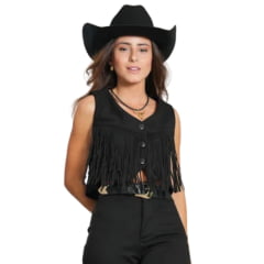 Colete Cropped Feminino Country City Preto Com Franjas Júlia Ref: CF 2094