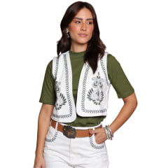 Colete Feminino Country City Bia Jeans Cru Com Bordado Verde Ref: CB 2087