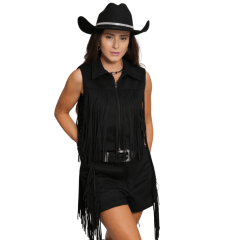 Colete Feminino Country City Celina Preto Com Franjas Ref: CJ2081CP