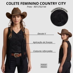 Colete Feminino Country City Duda Preto Com Franjas E Botões REF:CFD2144