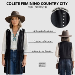 Colete Feminino Country City Ingrid Preto Aberto Com Franjas E Tachinhas Prata REF:CFT2144