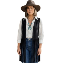 Colete Feminino Country City Ingrid Preto Aberto Com Franjas E Tachinhas Prata REF:CFT2144 Colete Feminino Country City Ingrid Preto Aberto Com Franjas E Tachinhas Prata REF:CFT2144