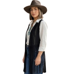 Colete Feminino Country City Ingrid Preto Aberto Com Franjas E Tachinhas Prata REF:CFT2144