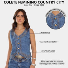 Colete Feminino Country City Jeans Bordado Samara Ref: CB 2088