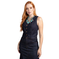 Colete Feminino Miss Country Jeans Azul Escuro Com Botões Dourados Ref:3282