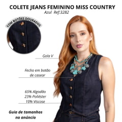 Colete Feminino Miss Country Jeans Azul Escuro Com Botões Dourados Ref:3282