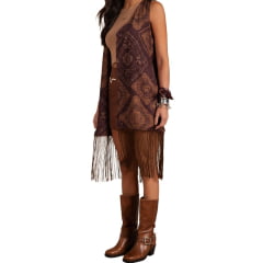 Colete Feminino Moon Horse Bandana Boho Marrom Estampado Longo Com Franja Ref0110408