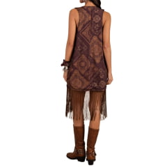 Colete Feminino Moon Horse Bandana Boho Marrom Estampado Longo Com Franja Ref0110408