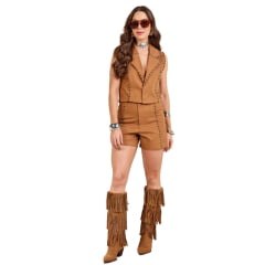 Colete Feminino Moon Horse Cropped Marrom Com Detalhe Em Pedraria Ref:01.11.455
