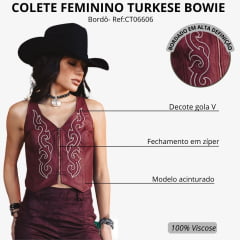 Colete Feminino Turkese Bowie Imitação Couro Vinho Bordado Branco E Vinho Ref:CT06606