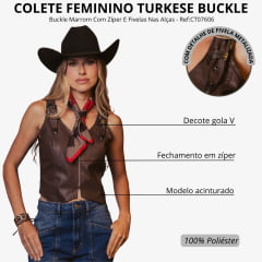 Colete Feminino Turkese Buckle Tecido Imitação Couro Marrom Com Zíper E Fivelas Nas Alças - Ref:CT07606
