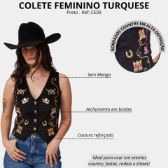 Colete Feminino Turkese Country Roads Preto Bordado Ref: CE09