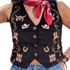 Colete Feminino Turkese Country Roads Preto Bordado Ref: CE09