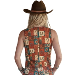 Colete Feminino Turkese Montana Estampado Laranja Marrom Botões Prata REF:CT03601
