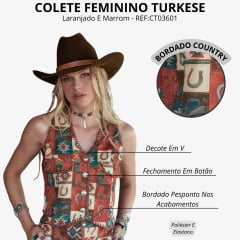 Colete Feminino Turkese Montana Estampado Laranja Marrom Botões Prata REF:CT03601