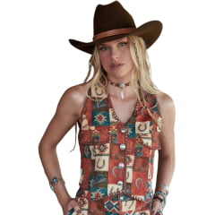 Colete Feminino Turkese Montana Estampado Laranja Marrom Botões Prata REF:CT03601 Colete Feminino Turkese Montana Estampado Laranja Marrom Botões Prata REF:CT03601