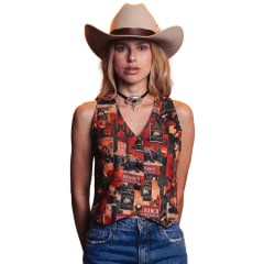 Colete Feminino Turkese Rangeland Estampado Com Botões Ref:CT06604