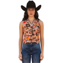 Colete Feminino Turkese Space Cowgirl Estampado Com Botões Ref:CT06605