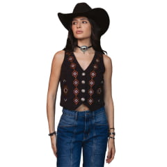 Colete Feminino Turkese Utah Marrom Veludo Canelado Bordado Botões Prata Ref:CT06603