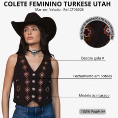 Colete Feminino Turkese Utah Marrom Veludo Canelado Bordado Botões Prata Ref:CT06603