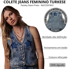 Colete Feminino Turkese Vintage Star Jeans Botões Prata E Bordado Estrelas Ref:CT06601