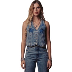 Colete Feminino Turkese Vintage Star Jeans Botões Prata E Bordado Estrelas Ref:CT06601