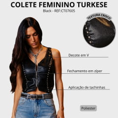 Colete Feminino Turkese Wild Croco Black Com Ziper E Pingente E Bordado Tachinhas Prata REF:CT07605