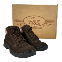 Coturno Feminino  Caminhos da Roça Couro Café Com Detalhe Rosa e Cadarço Marrom Ref.KJ13-9/KA27