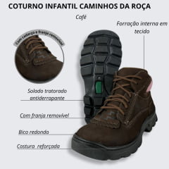 Coturno Feminino  Caminhos da Roça Couro Café Com Detalhe Rosa e Cadarço Marrom Ref.KJ13-9/KA27