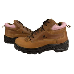 Coturno Feminino  Caminhos da Roça Couro Caramelo Com Detalhe Rosa e Cadarço Marrom Ref.KJ13