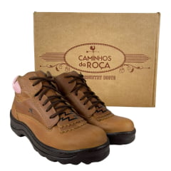 Coturno Feminino  Caminhos da Roça Couro Caramelo Com Detalhe Rosa e Cadarço Marrom Ref.KJ13