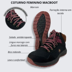 Coturno Feminino MacBoot Taiuva 04 Baurus Nobuck Preto Com Cadarço Rosa Ref.TAIU04-NO01