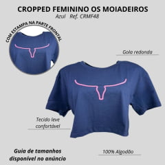 Camiseta Cropped Feminina Os Moiadeiros Manga Curta Azul/Roxo Longhorn Rosa REF CRMF47