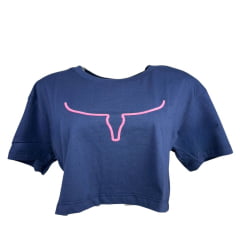 Camiseta Cropped Feminina Os Moiadeiros Manga Curta Azul/Roxo Longhorn Rosa REF CRMF47